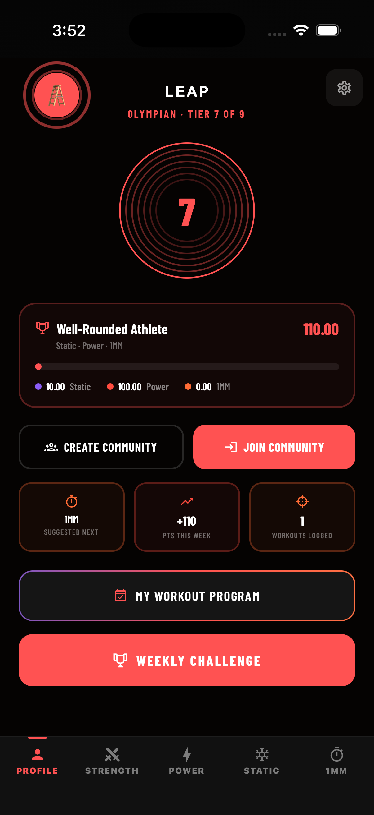 Leap Arena profile screen showing Olympian rank, tier 7 of 9, a Well-Rounded Athlete progress card, and this week's points